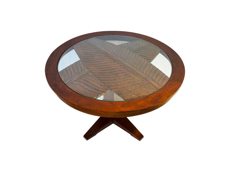 Mango Botanical Round Dining Table w/Top Carving - Koa stain