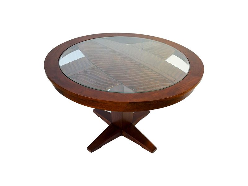Mango Botanical Round Dining Table w/Top Carving - Koa stain