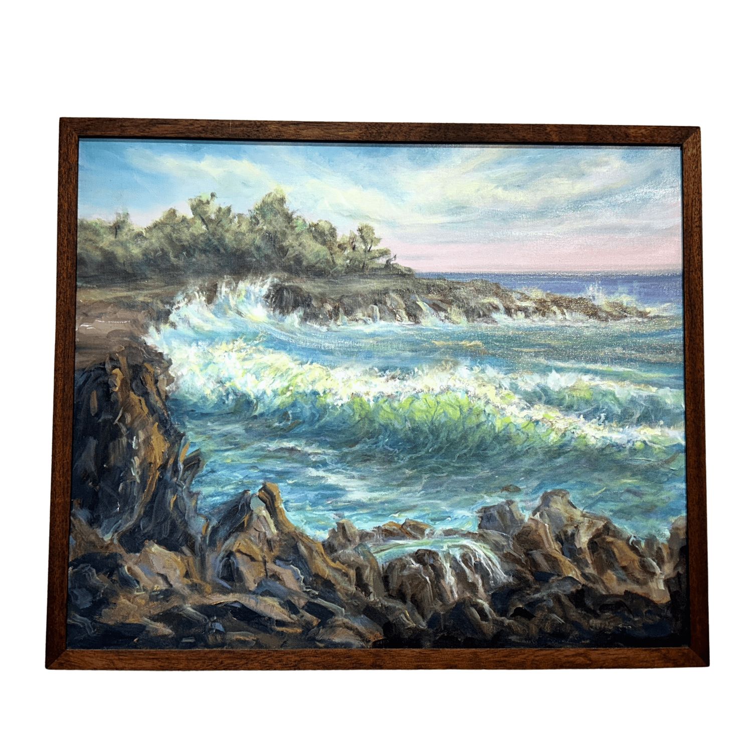 "Aqua Waves"  - 22" x 24" Original Oil on Canvas with Mahogany Frame