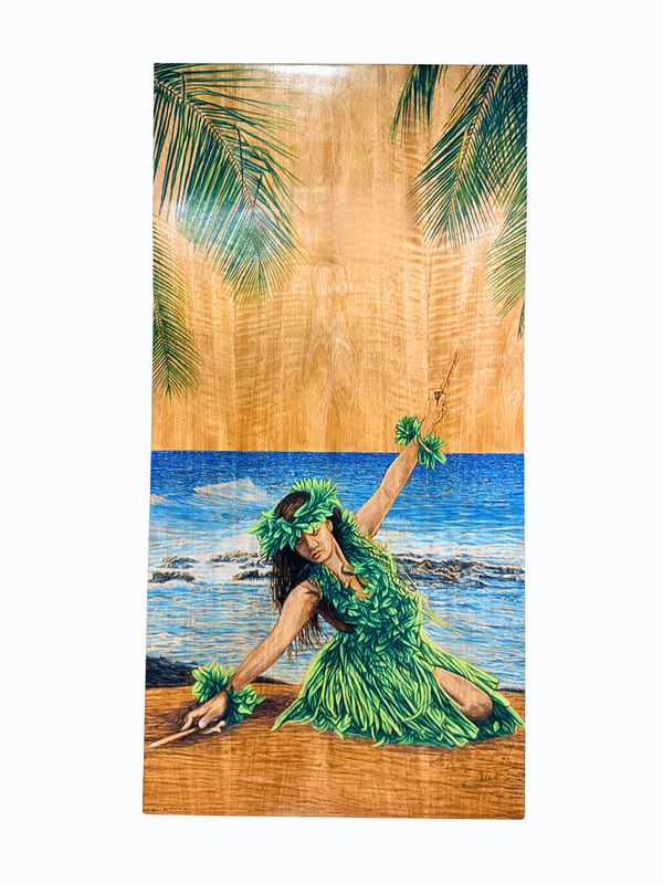 "Honu Hula Kanani #22" - 48.5" x 24" Original Wood Burned Mango