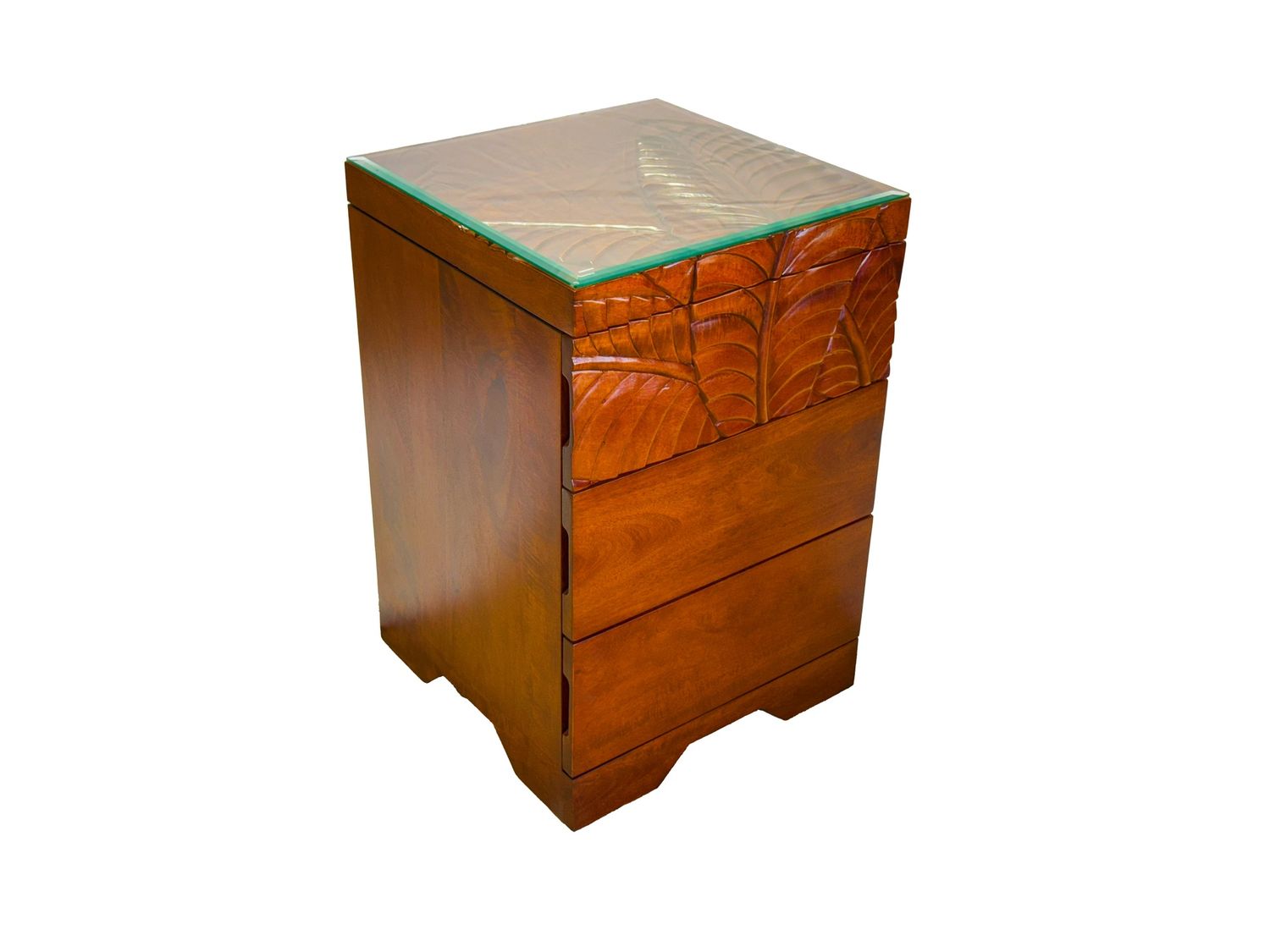 Mango Palm Leaf Nightstand w/ Carved Top &amp; Glass top - Koa Stain, Size: 18" x 18" x 27"