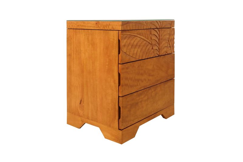 Mango Palm Leaf Nightstand w/ Carved Top &amp; Glass top - Papaya Stain