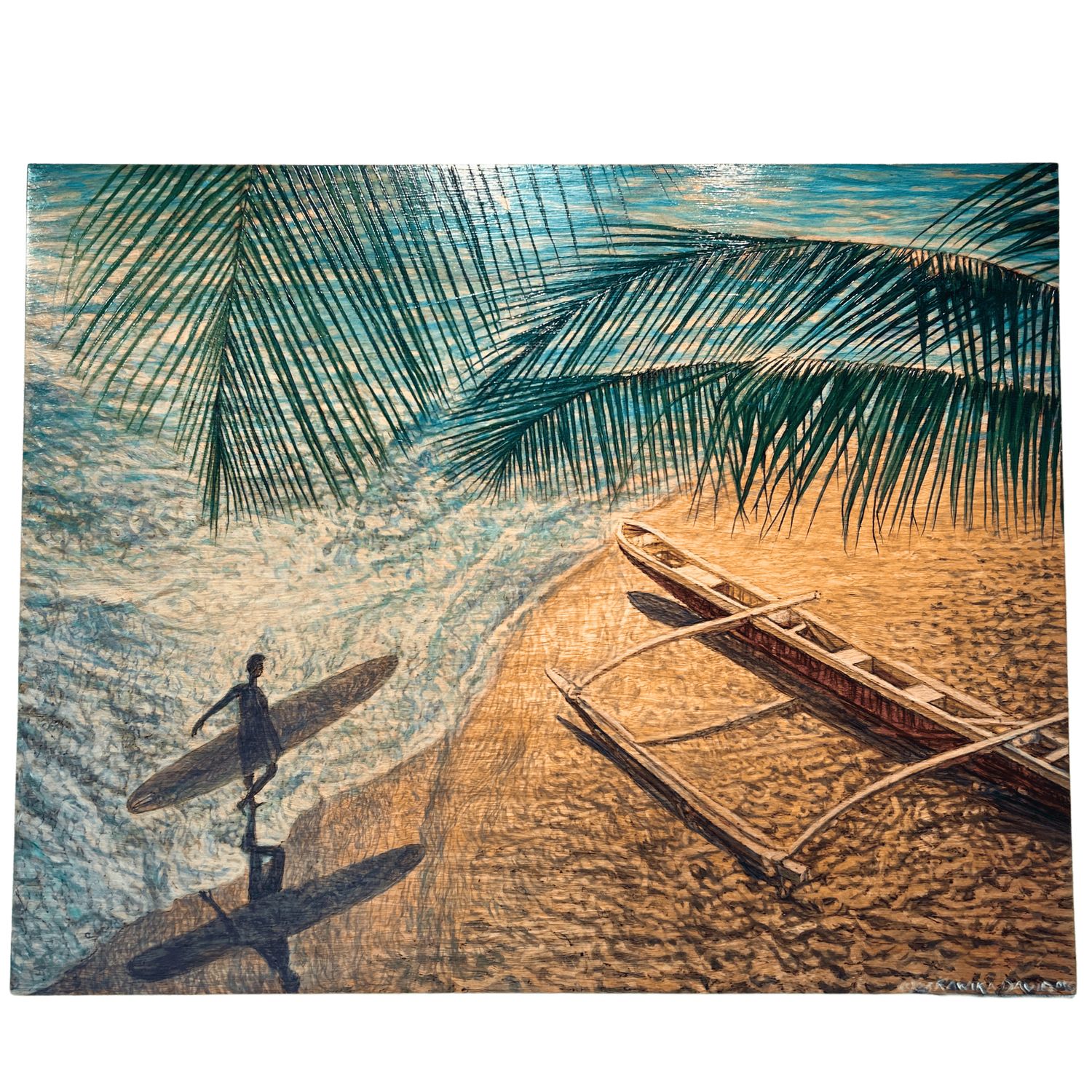 "Surf and Outrigger" - 30" x 24" Wood Burned Oil Painting on Mango Wood Original