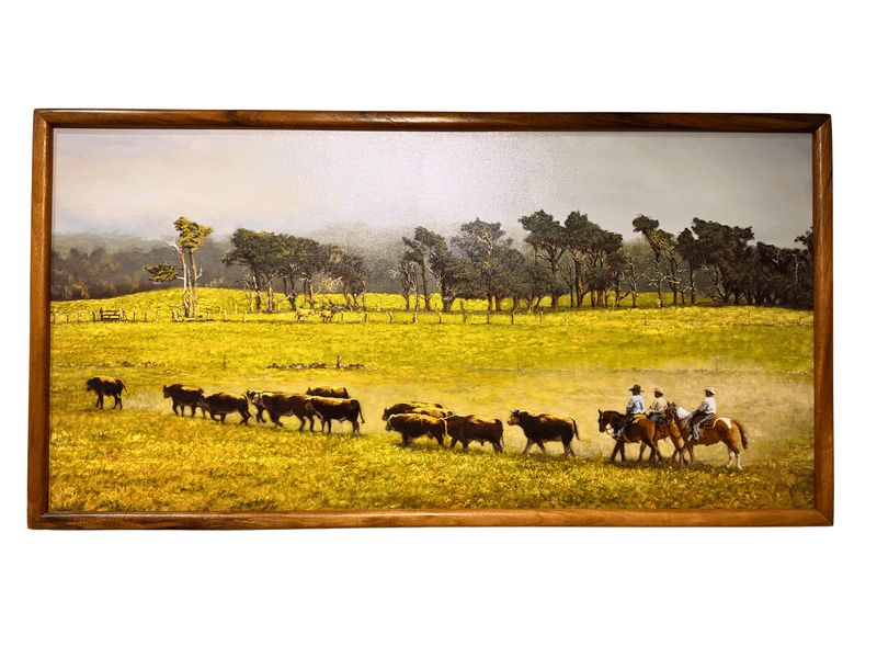 "Punching Cattle" - 22" x 44" Giclee with Koa Frame