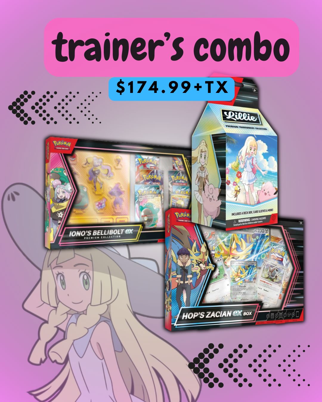 POKEMON TRAINER&#39;S COMBO - LILLIE TOURNAMENT COLLECTION - IONO&#39;S BELLIBOLT EX COLLECTION - HOP&#39;S ZACIAN EX BOX