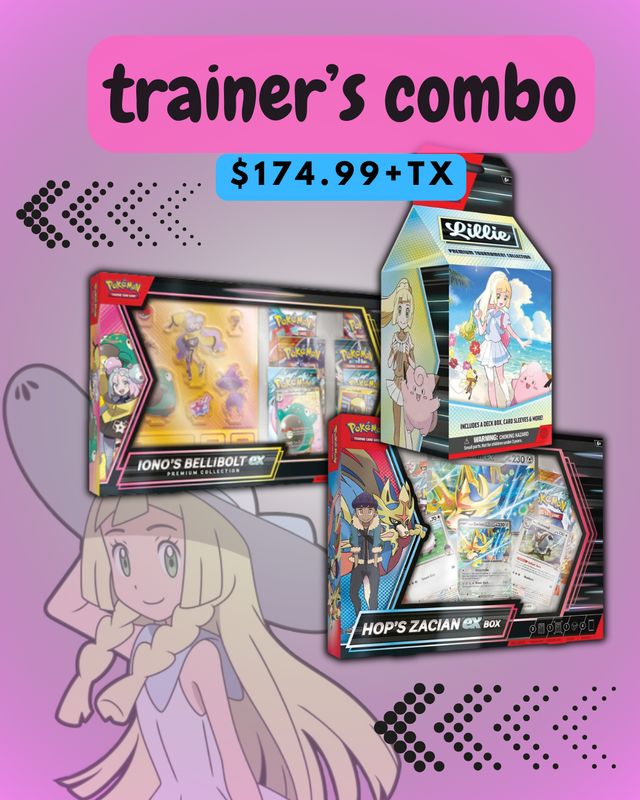 POKEMON TRAINER&#39;S COMBO - LILLIE TOURNAMENT COLLECTION - IONO&#39;S BELLIBOLT EX COLLECTION - HOP&#39;S ZACIAN EX BOX