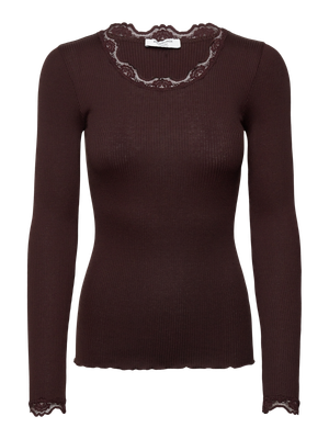 Rosemunde Copenhagen babette silk ls lace t-shirt bruin Rosemunde Copenhagen babette silk ls lace t-shirt bruin