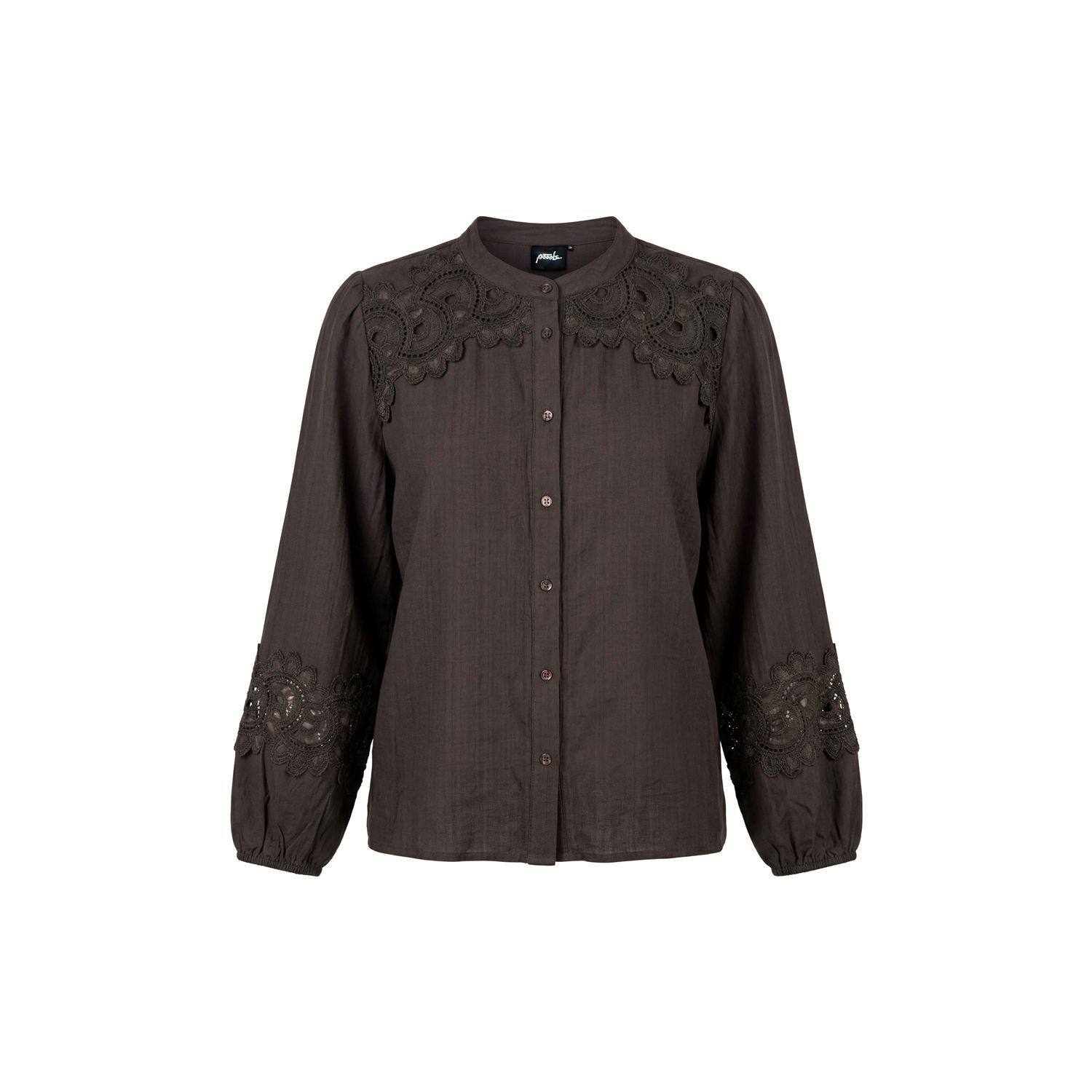 Poools blouse lace insert bruin
