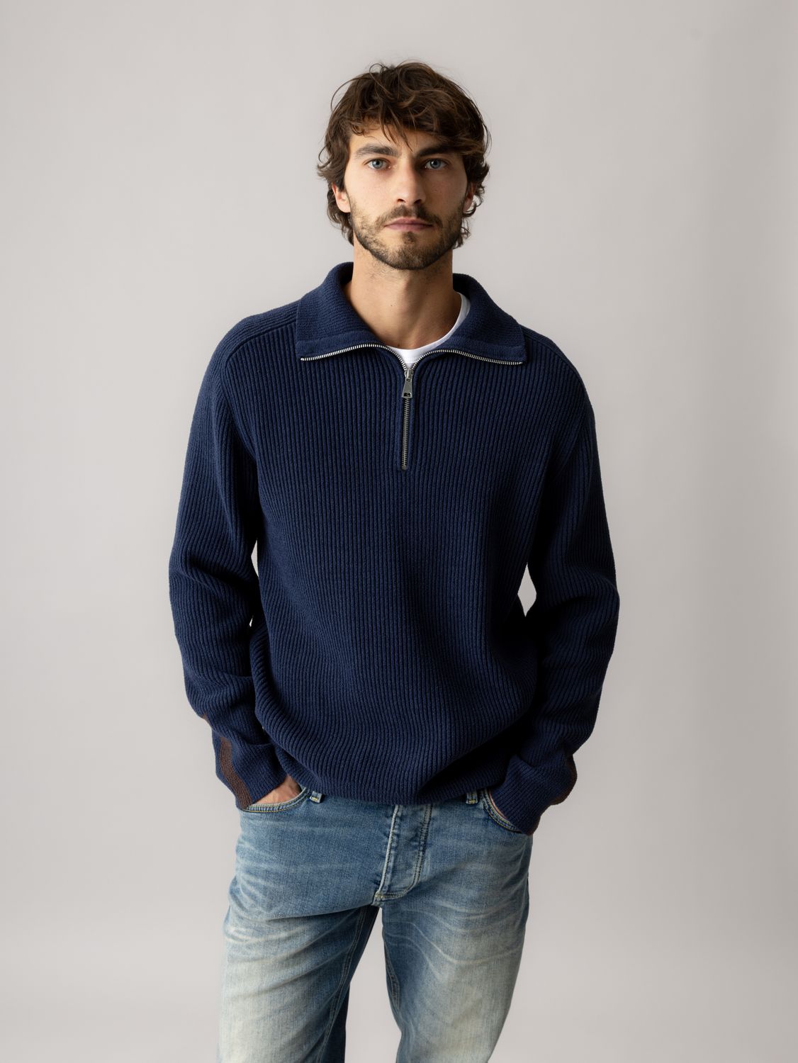 Mos Mosh Gallery porter soft quarter zip knit blauw