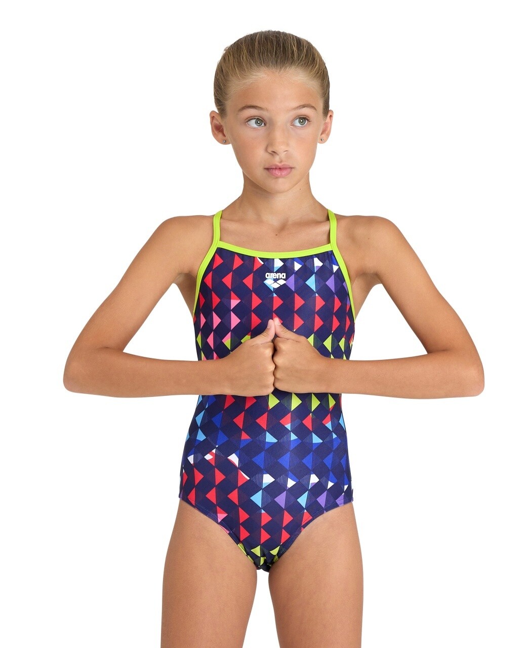 Girls Arena Carnival Swimsuit Lightdrop Back, Colour: Soft Green-Multi, Size: 10-11