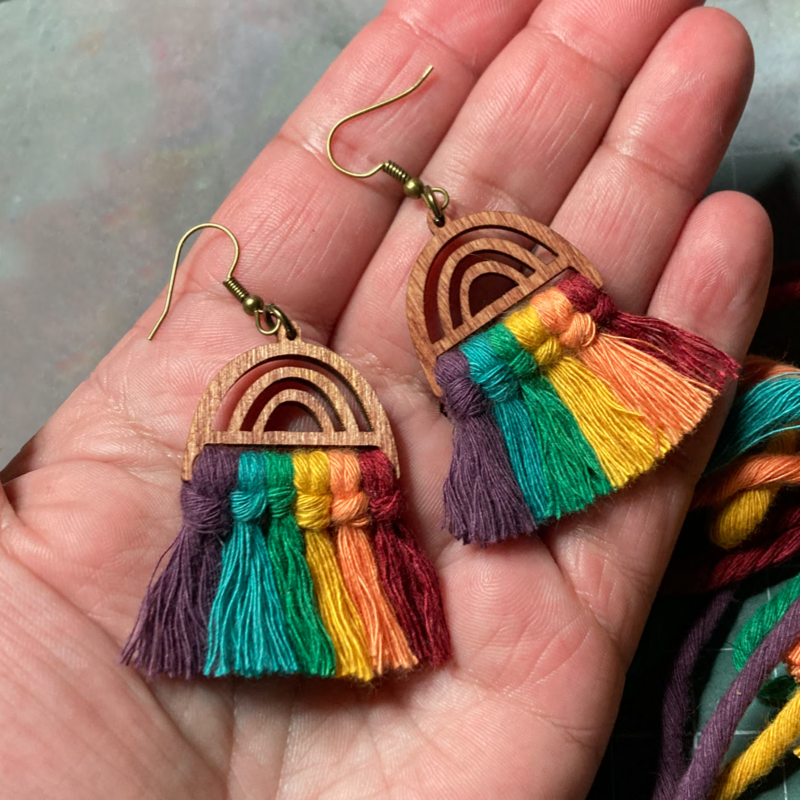 Wooden Macrame Pride Earrings