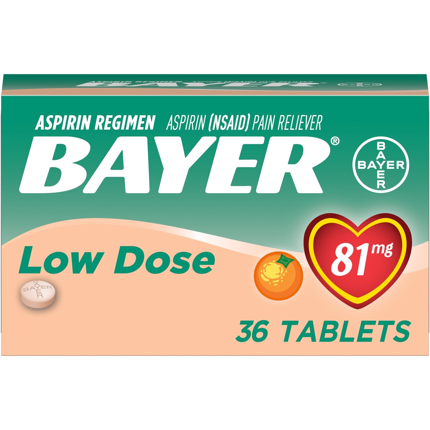 Bayer Chewable Low Dose Aspirin 81 mg Orange Flavored Tablets 36 ct