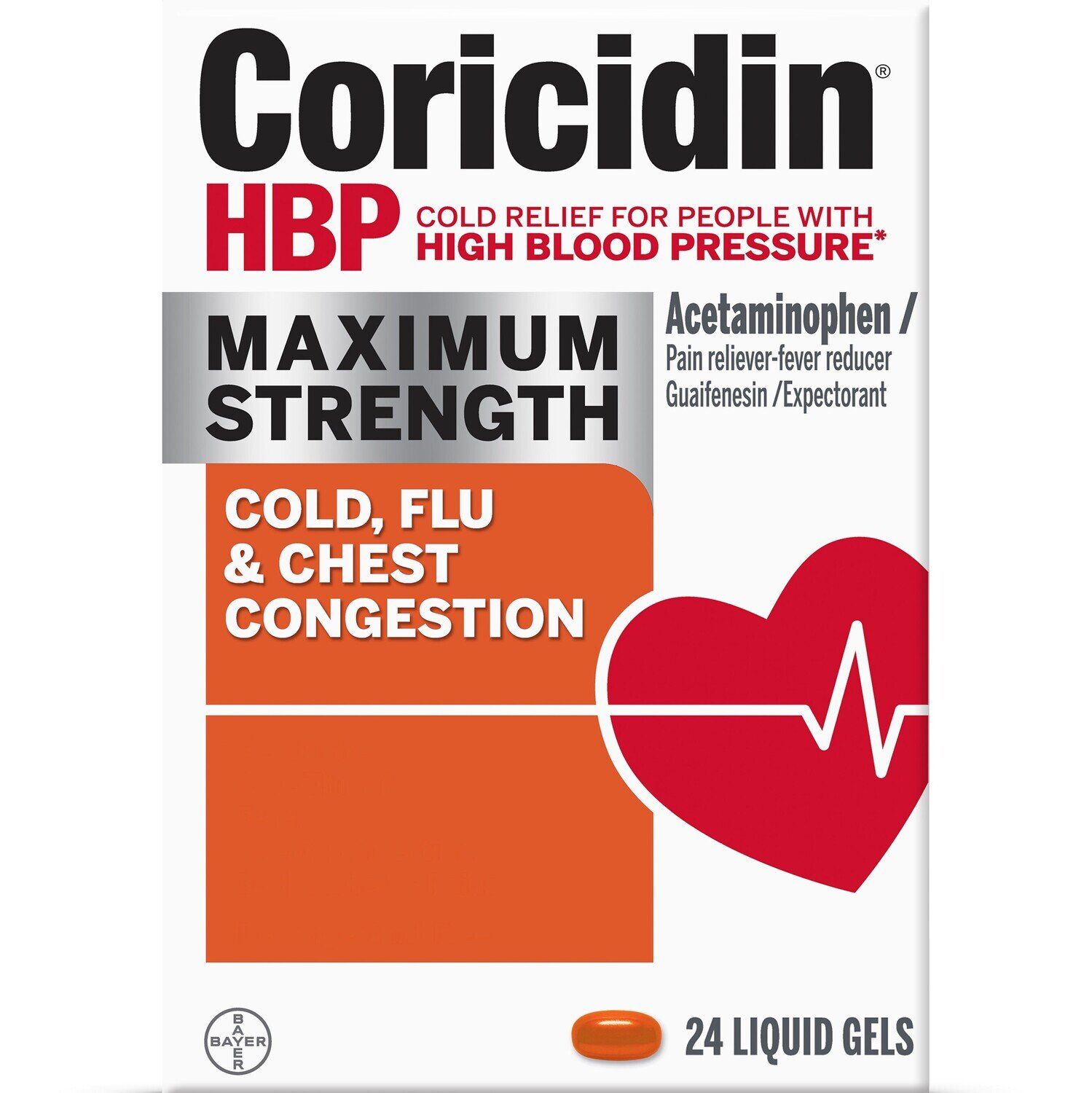 Coricidin HBP Maximum Strength Cold, Flu, and Chest Congestion Liquid Gels 24 ct