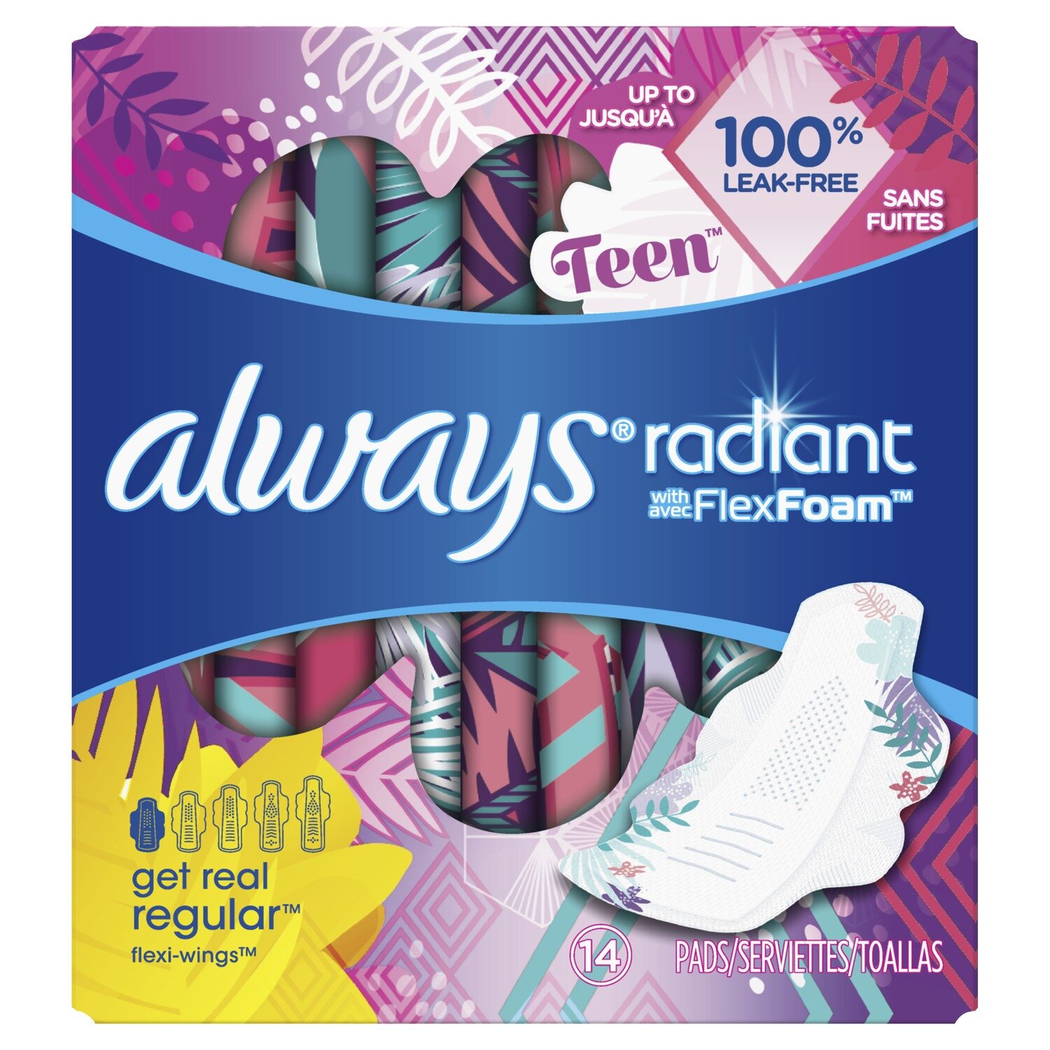 Always Radiant with Flex Foam Size 1 Regular Unscented Flexi-Wings Pads 14  ct