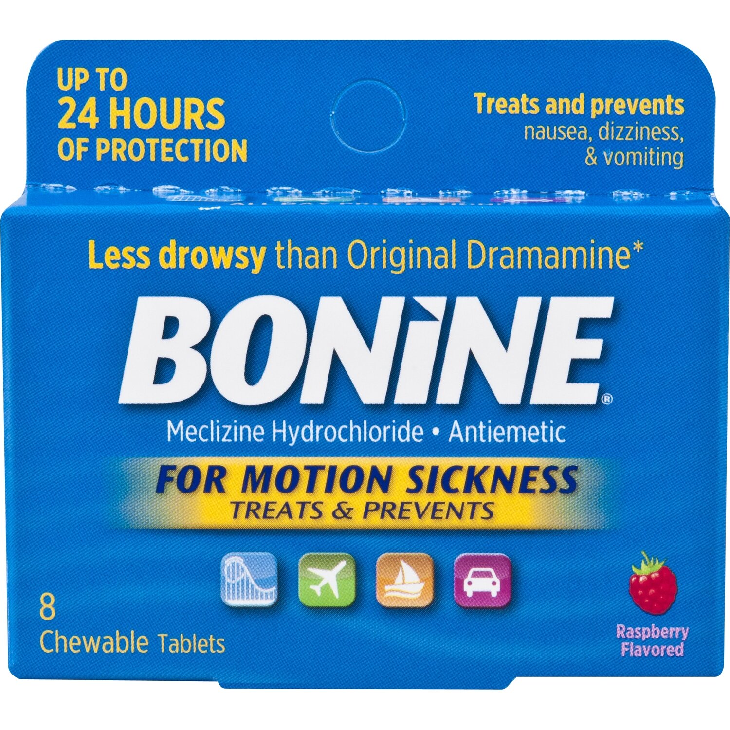 Bonine Meclizine HCl Raspberry Flavored Chewable Tablets 8 ct