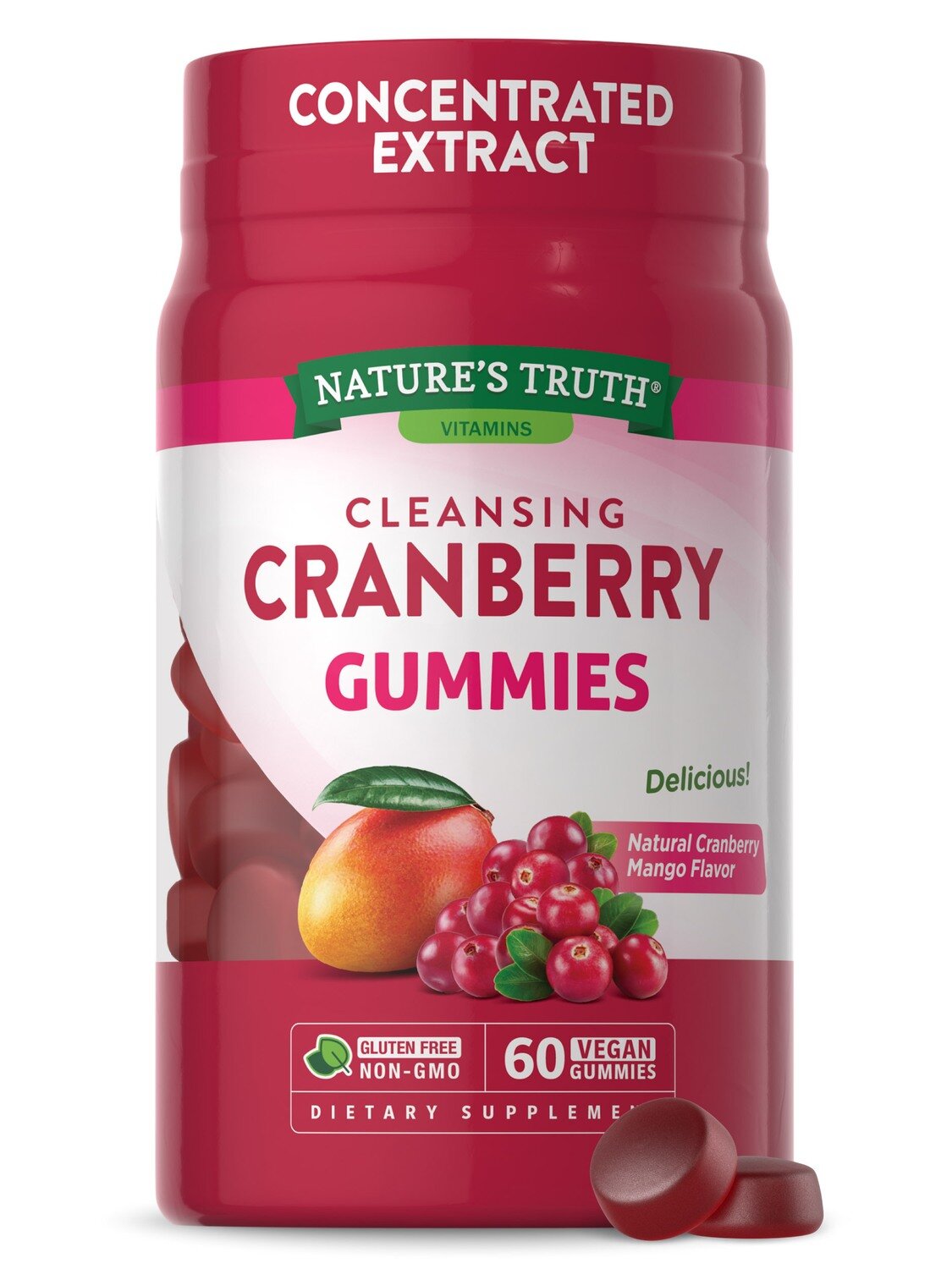 Cleansing Cranberry Vegan Gummies - Natural Cranberry Mango Flavor 60ct