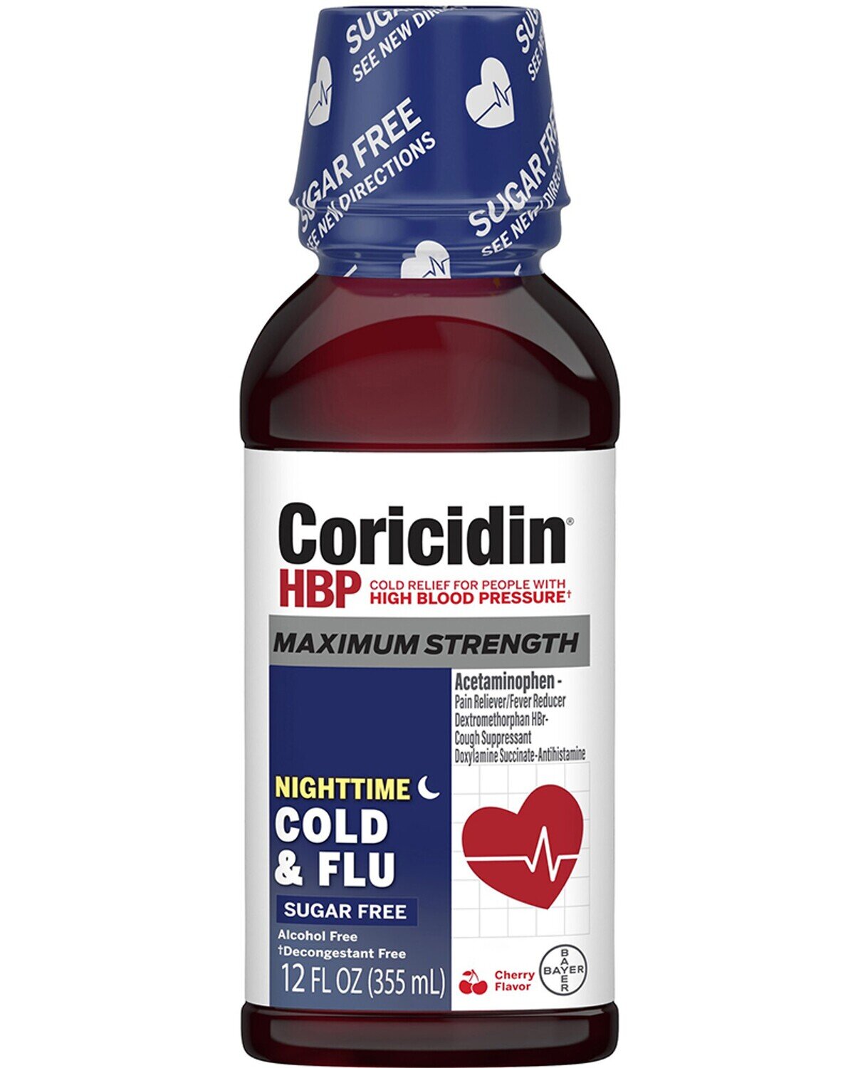 Coricidin HBP Maximum Strength Night Cold and Flu Sugar Free Cherry 12 fl oz