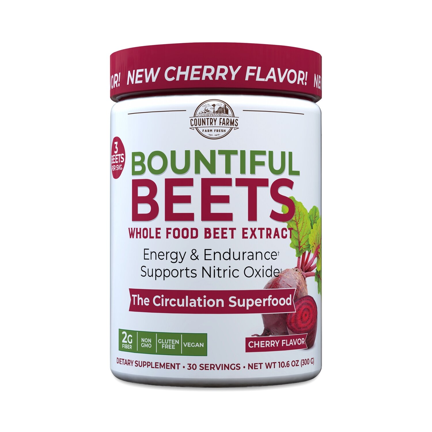 Country Farms Bountiful Beets Whole Food Beet Extract Powder - Cherry Flavored 30 Servings