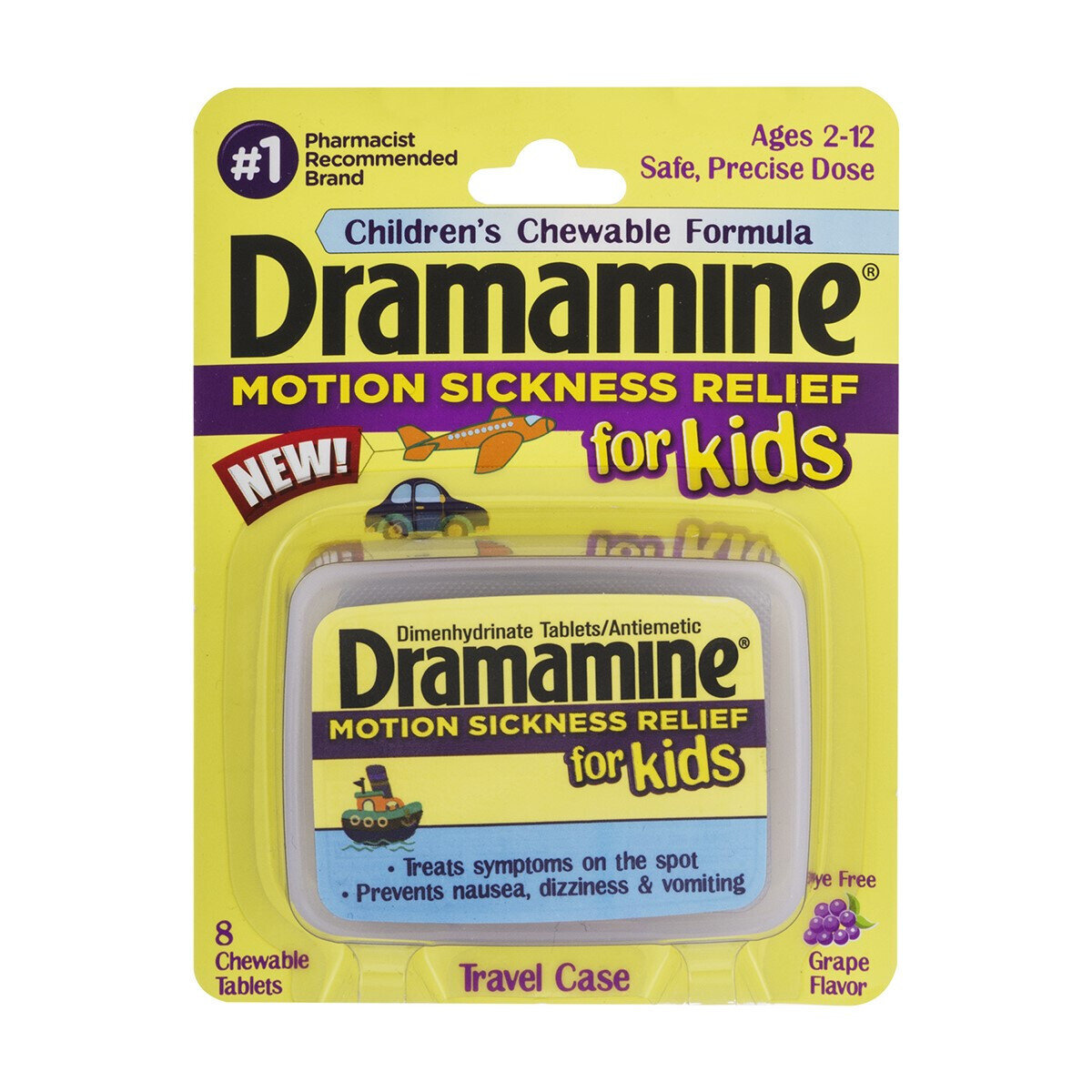 Dramamine Motion Sickness Chewable for Kids Grape Flavor Chewable Tablets 8 ct