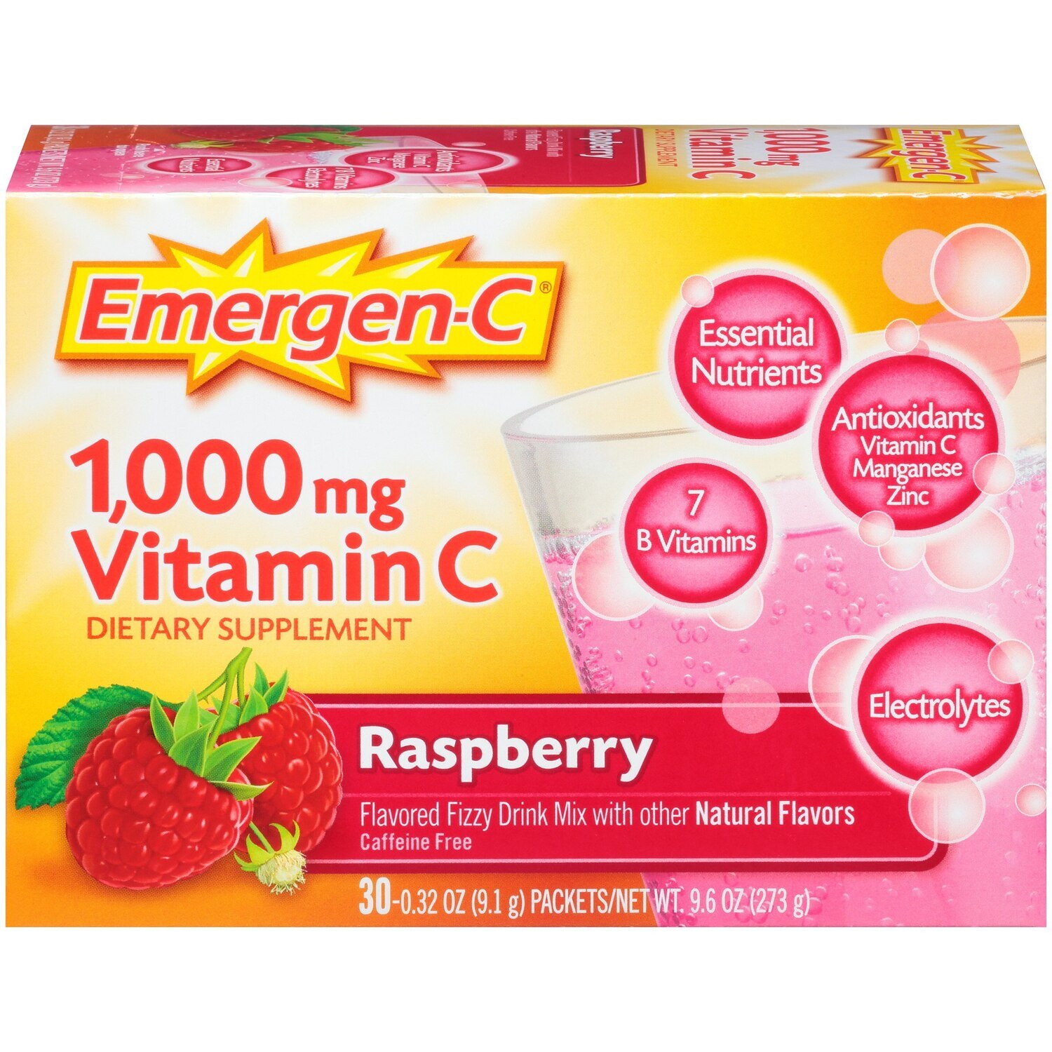 Emergen-C Vitamin C 1000mg Daily Immune Support Packets - Raspberry Flavor 30ct