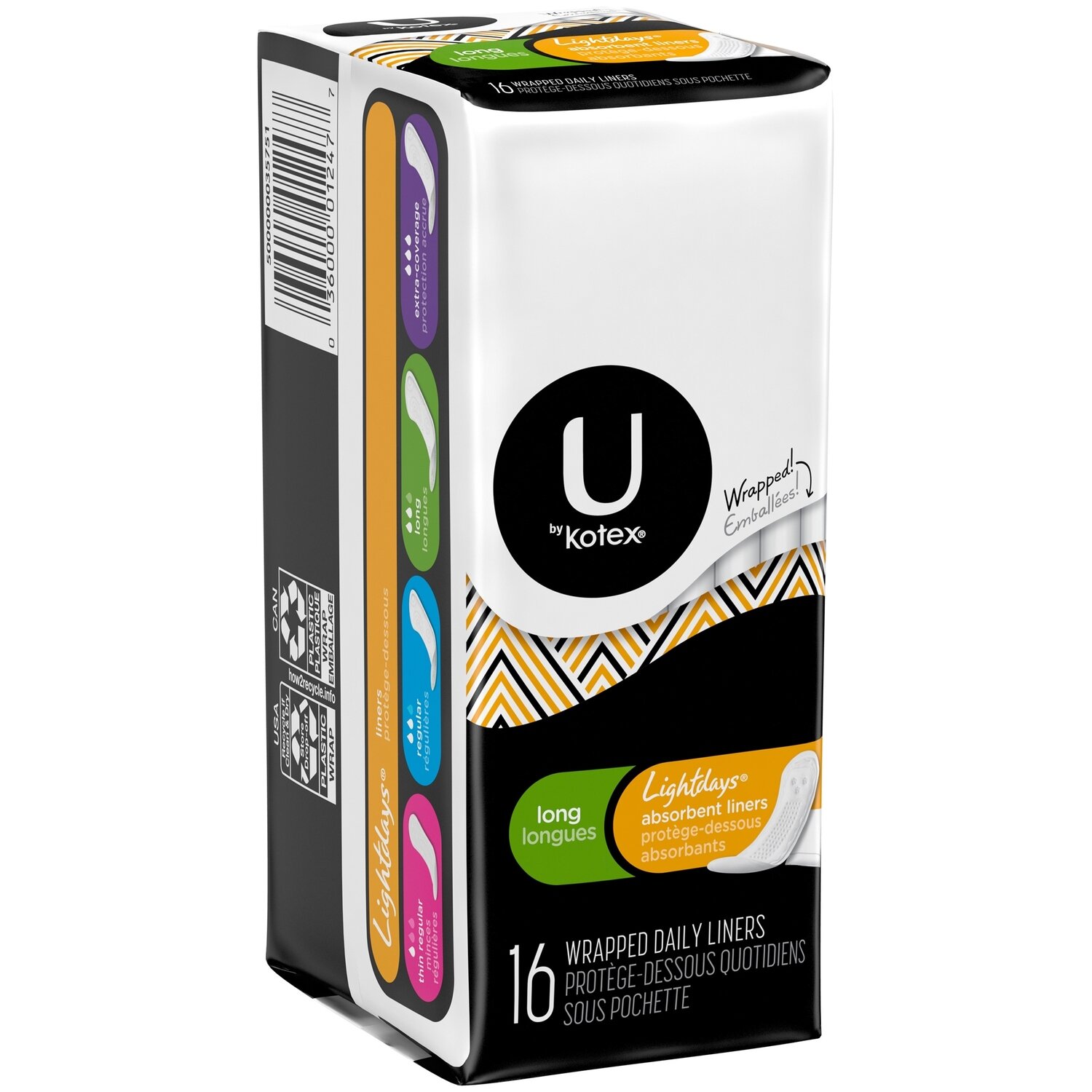 U by Kotex Security Lightdays Long Wrapped Daily Liners 16 ct
