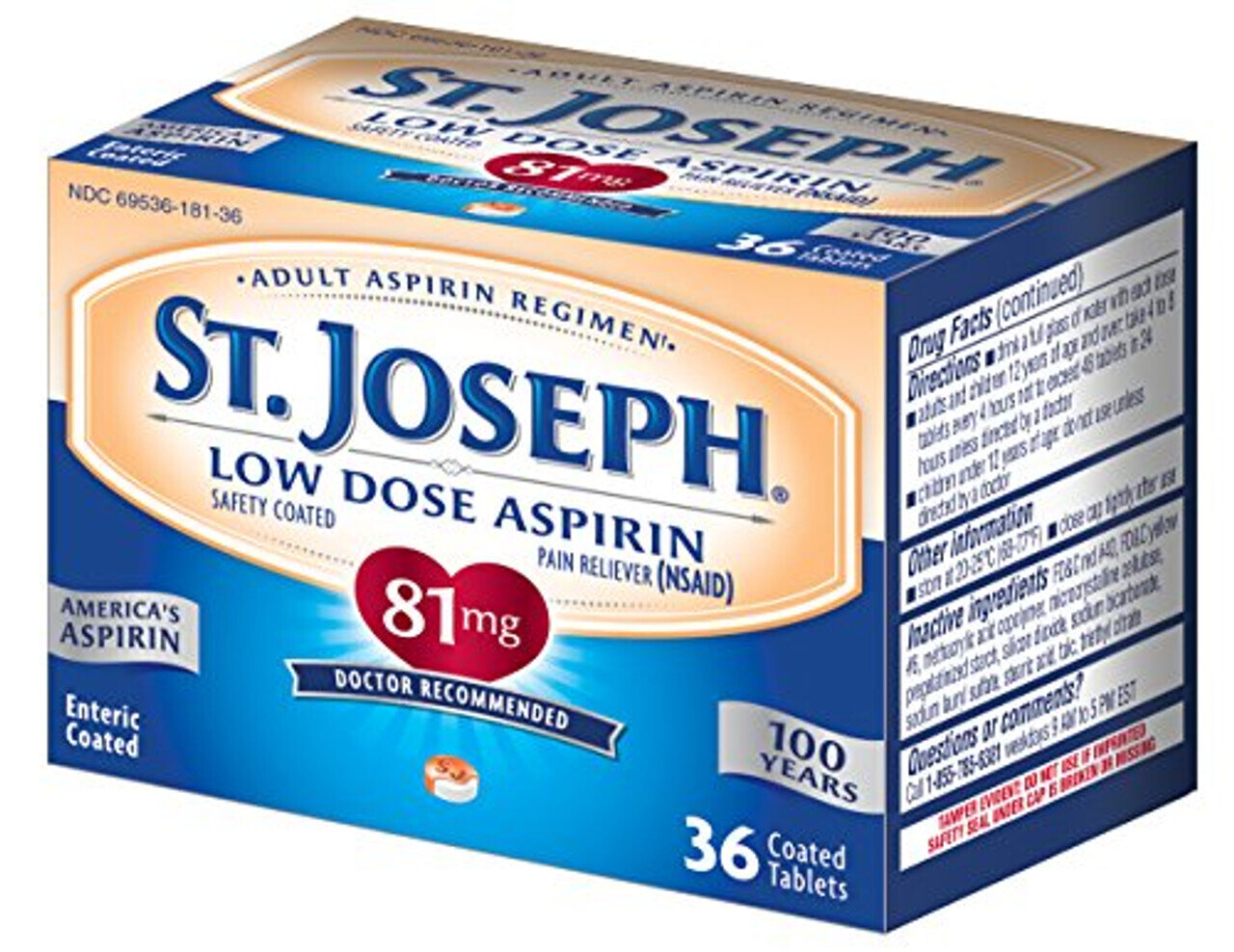St. Joseph Low Dose Aspirin 81 mg Enteric Coated Tablets 36 ct