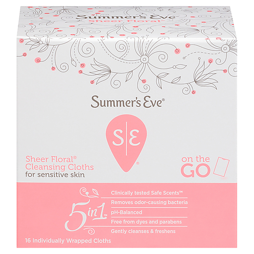 Summer’s Eve Sheer Floral Cleansing Cloths for Sensitive Skin On the Go Individually Wrapped Cloths 16 ct