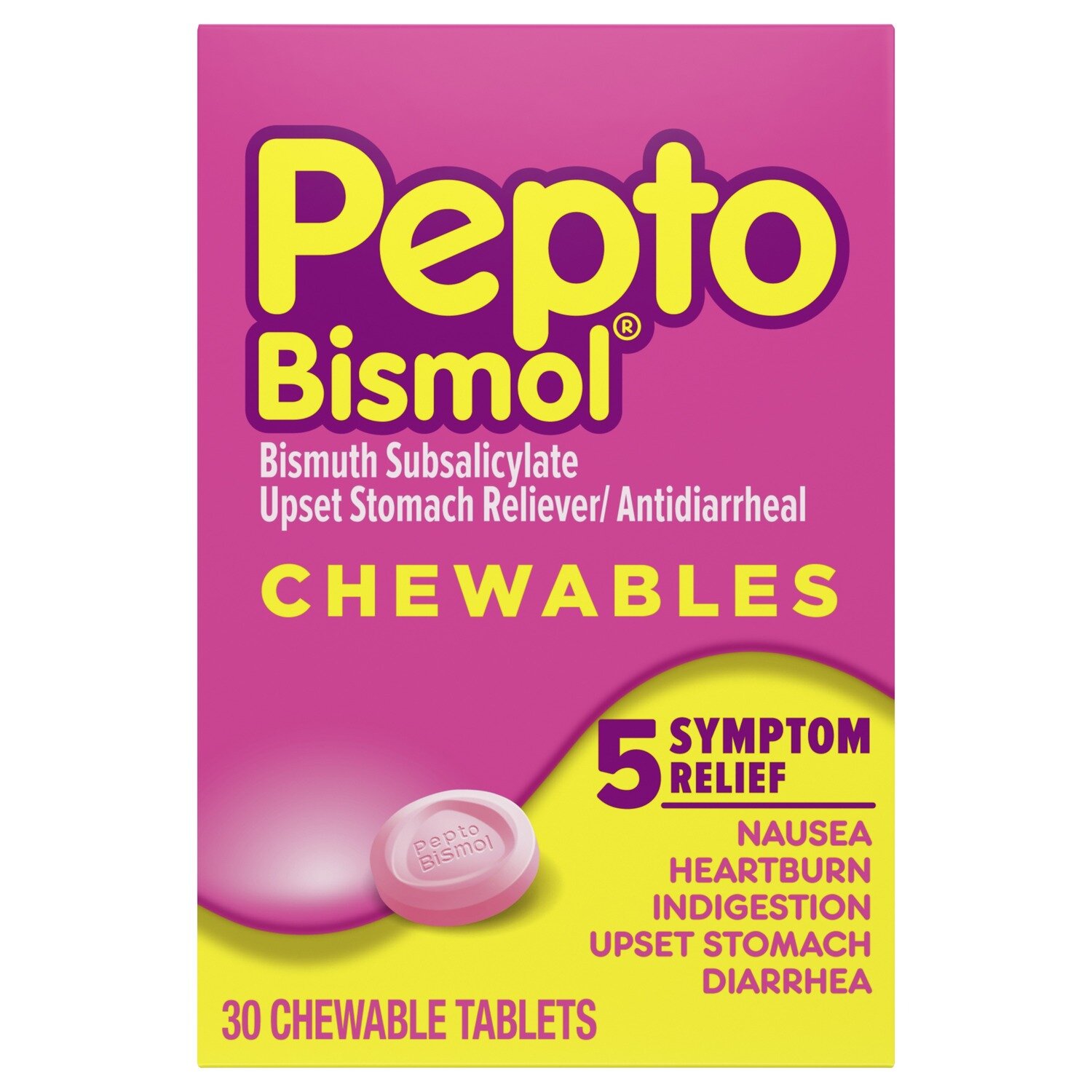Pepto Bismol Chewables 5 Symptom Relief Chewable Tablets 30 ct