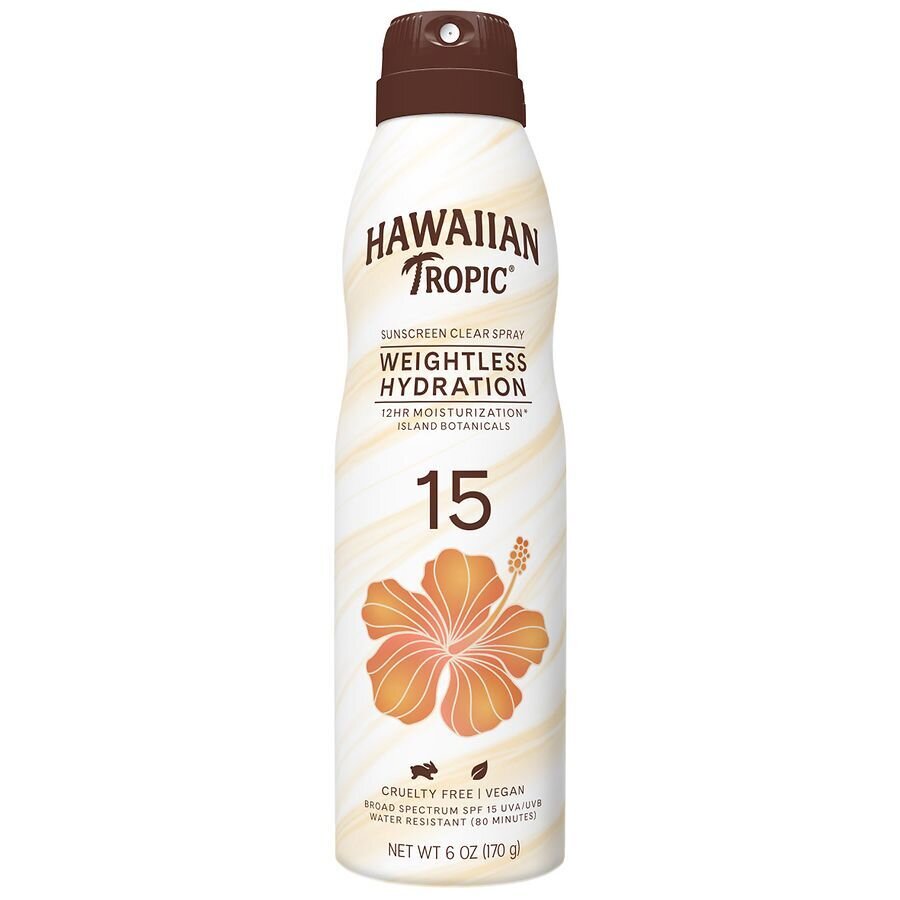 Hawaiian Tropic Sunscreen Clear Spray Weightless Hydration SPF 15 Cruelty Free and Vegan 6 oz