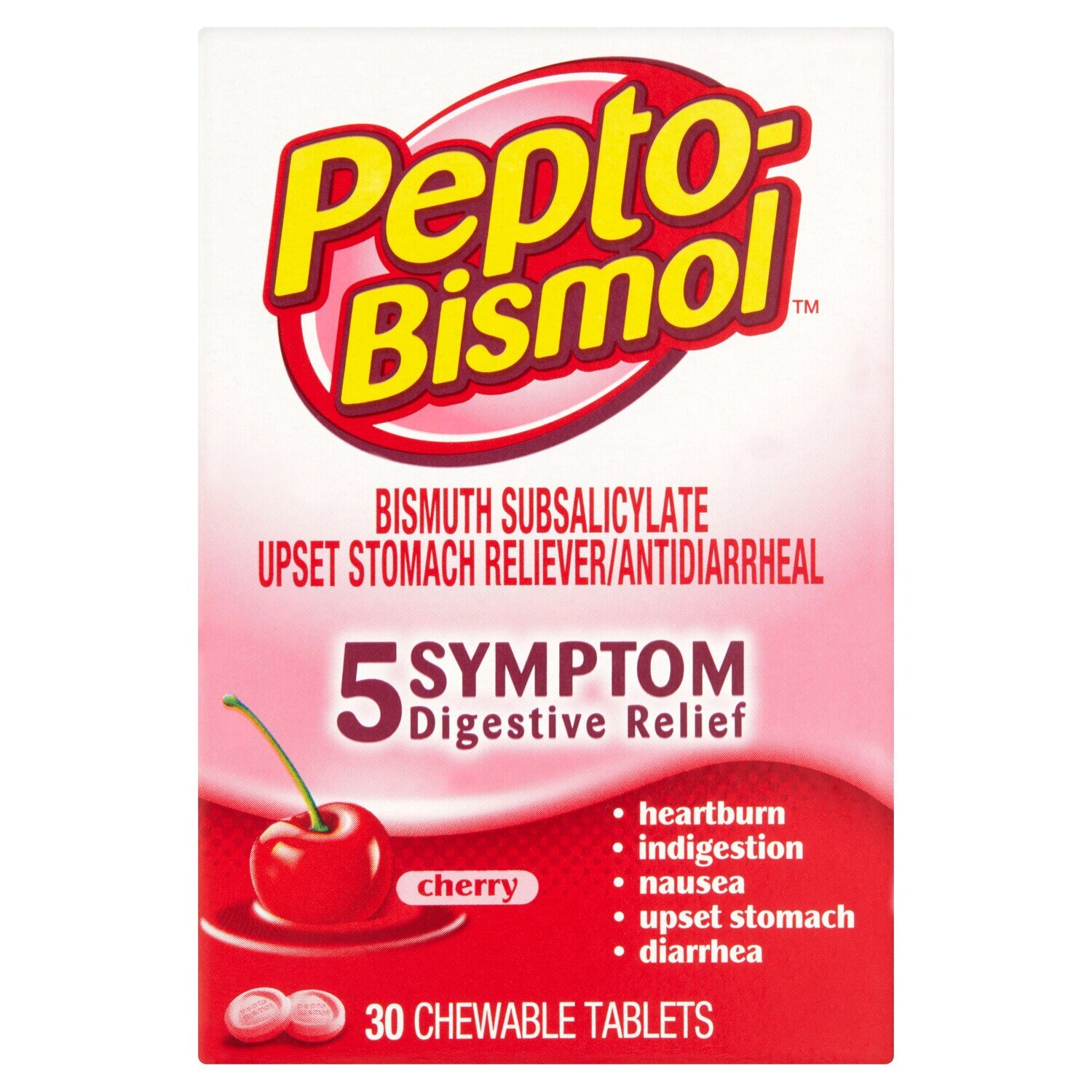 Pepto Bismol Chewables 5 Symptom Relief Cherry Chewable Tablets 30 ct