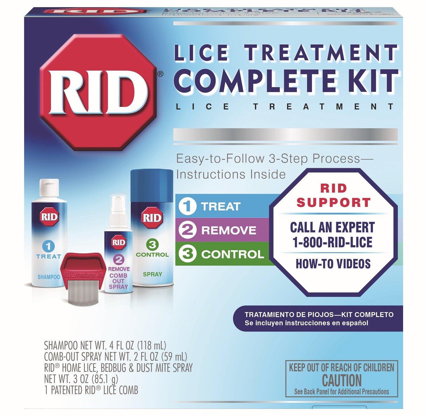 RID Lice Treatment Complete Kit with Shampoo, Comb-Out Spray, RID Home Lice, Bedbug, and Dust Mite Spray, and RID Lice Comb