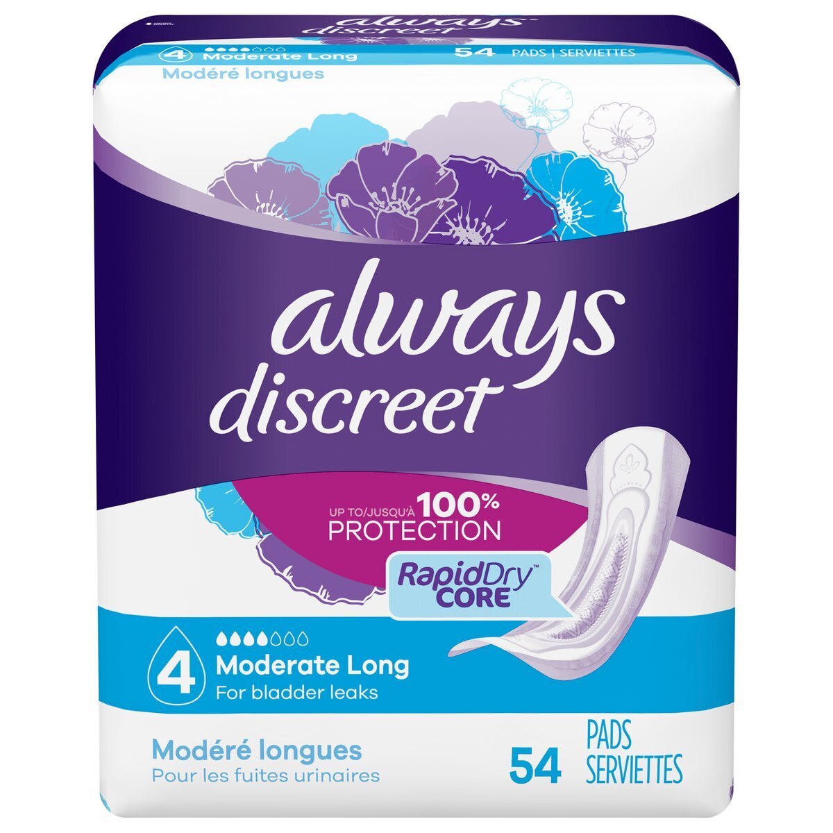 Always Discreet Moderate Long #4 Pads 54 ct