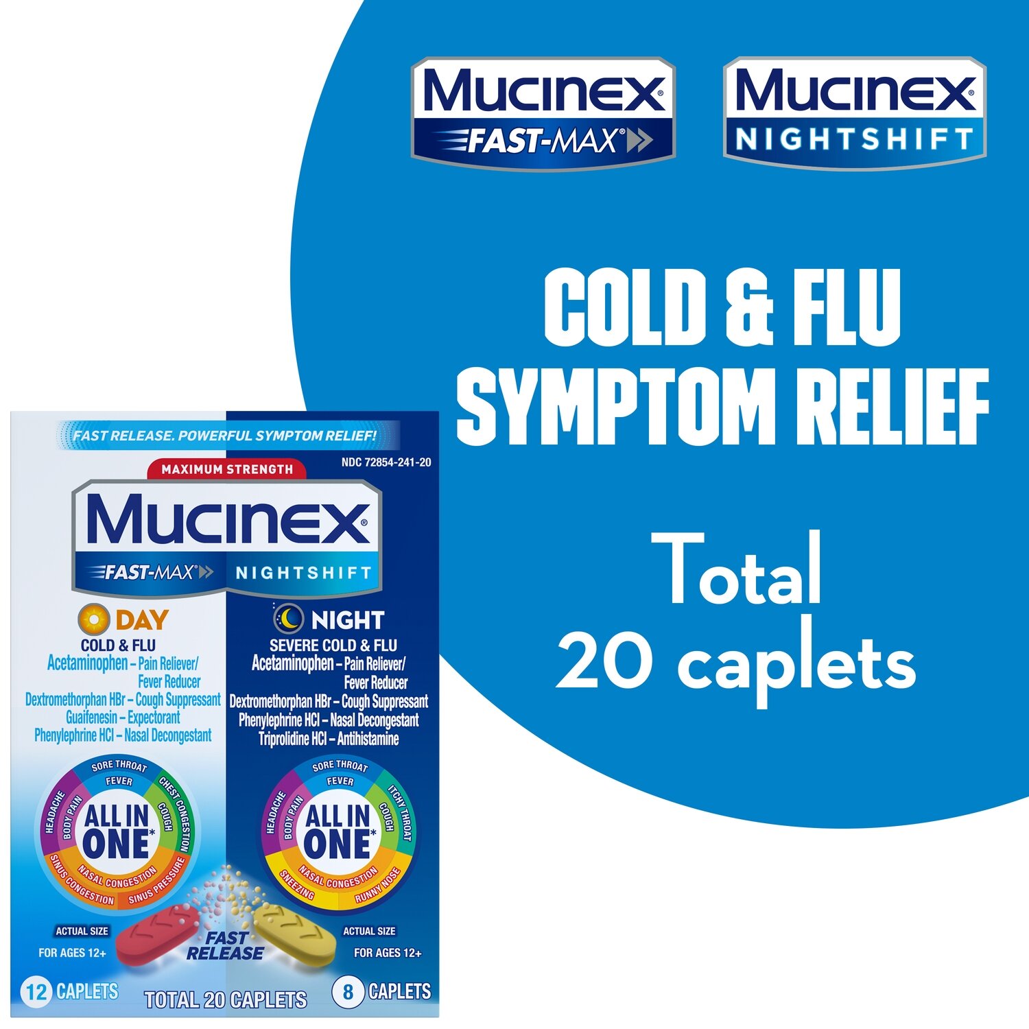 Mucinex Maximum Strength Fast-Max Nightshift Cold and Flu 12 Day Caplets + 8 Night Caplets