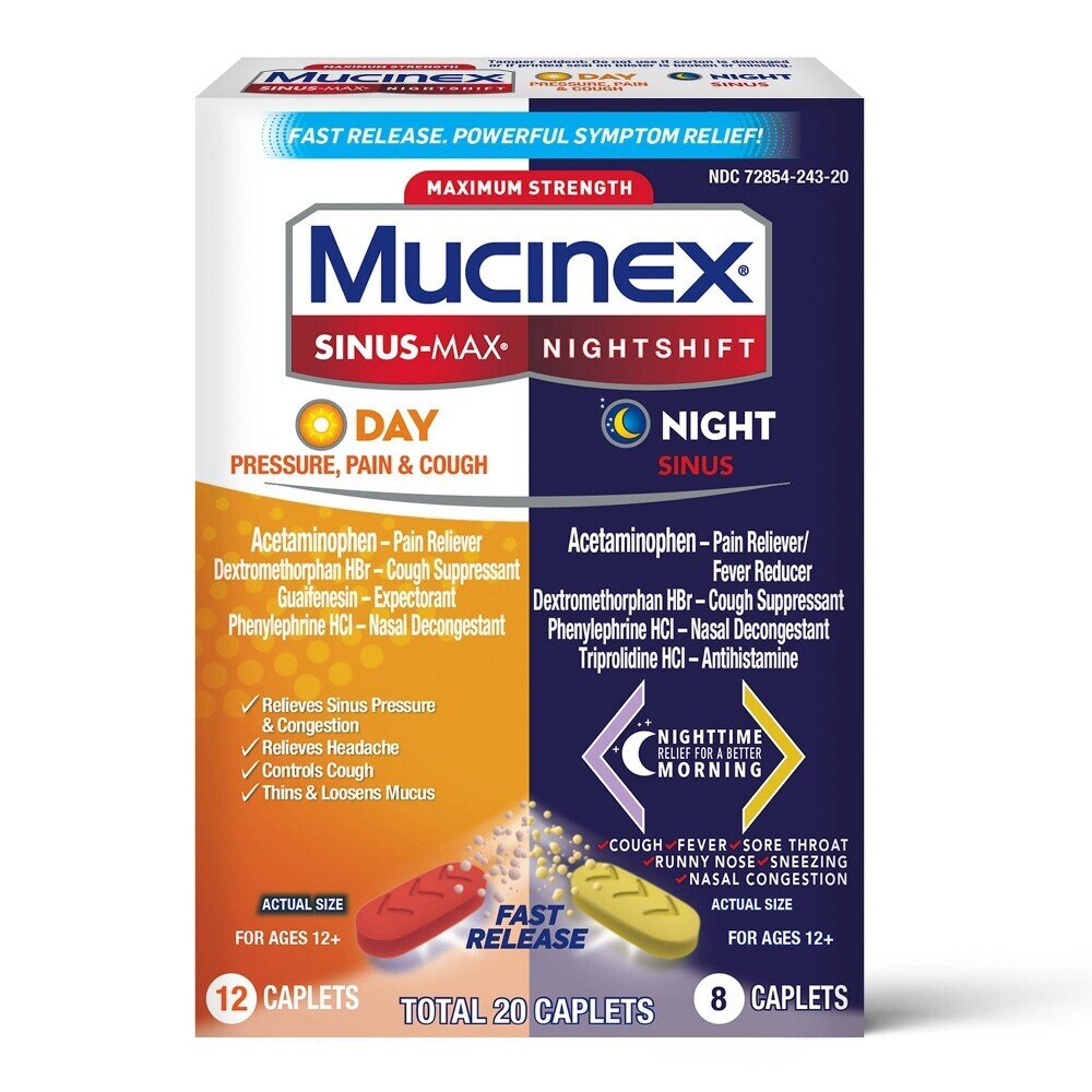 Mucinex Maximum Strength Sinus-Max Nightshift Fast Relief 12 Day Caplets + 8 Night Caplets