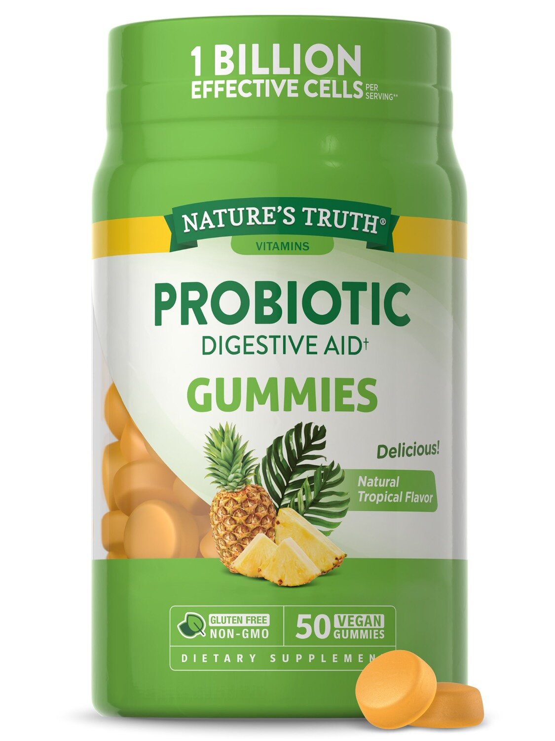 Probiotic Digestive Aid Vegan Gummies - Natural Tropical Flavor 50ct