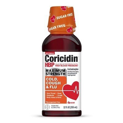 Coricidin HBP Maximum Strength Cold, Cough, and Flu Sugar Free Cherry 12 fl oz
