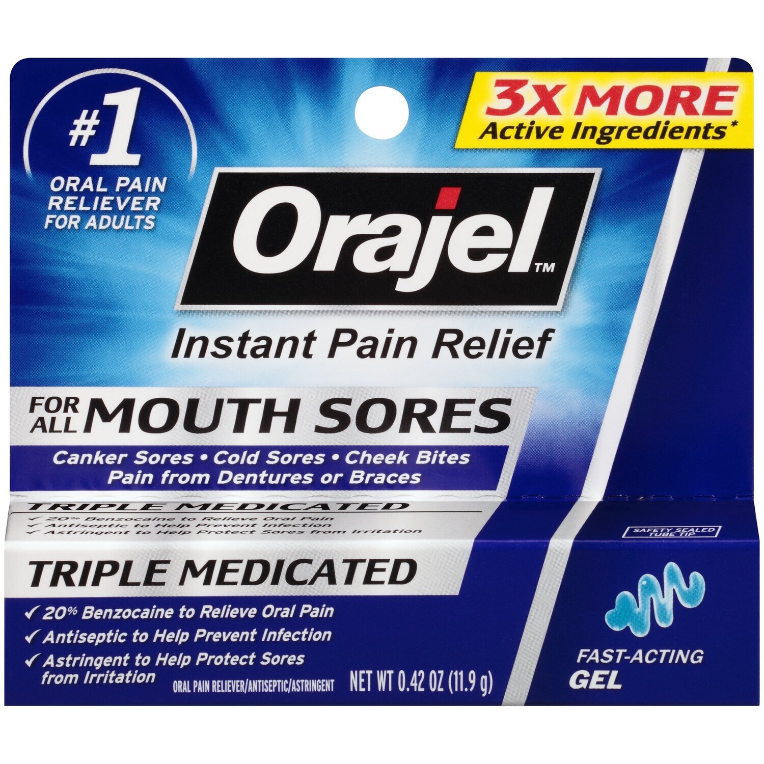 Orajel 3X Mouth Sores Medicated Immediate Pain Relief Extra Strength Gel 0.42 oz