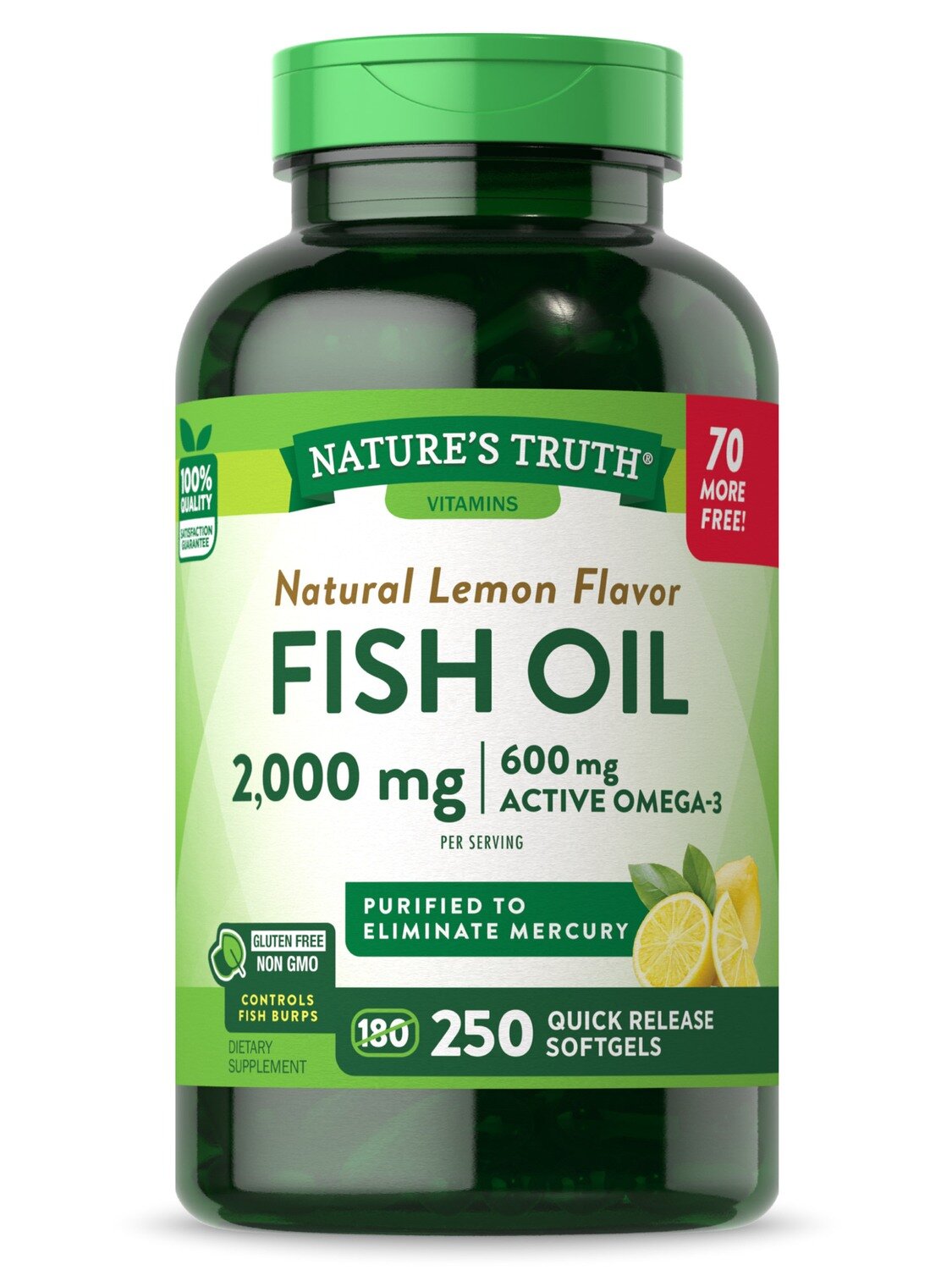 Fish Oil 2,000mg Plus Omega-3 600mg Quick Release Softgels - Lemon Flavor 250ct
