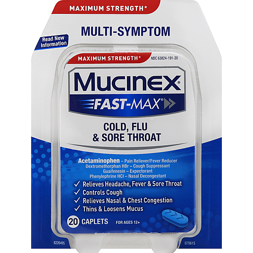 Mucinex Maximum Strength Fast-Max Cold, Flu, and Sore Throat Caplets 20 ct