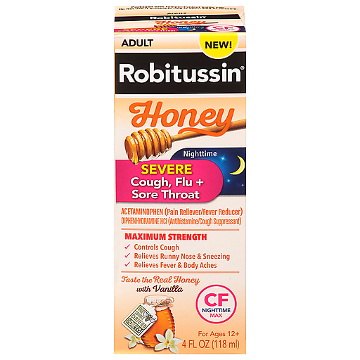 Robitussin Nighttime Honey Severe Cough, Flu, + Sore Throat Maximum Strength Honey and Vanilla 4 fl oz