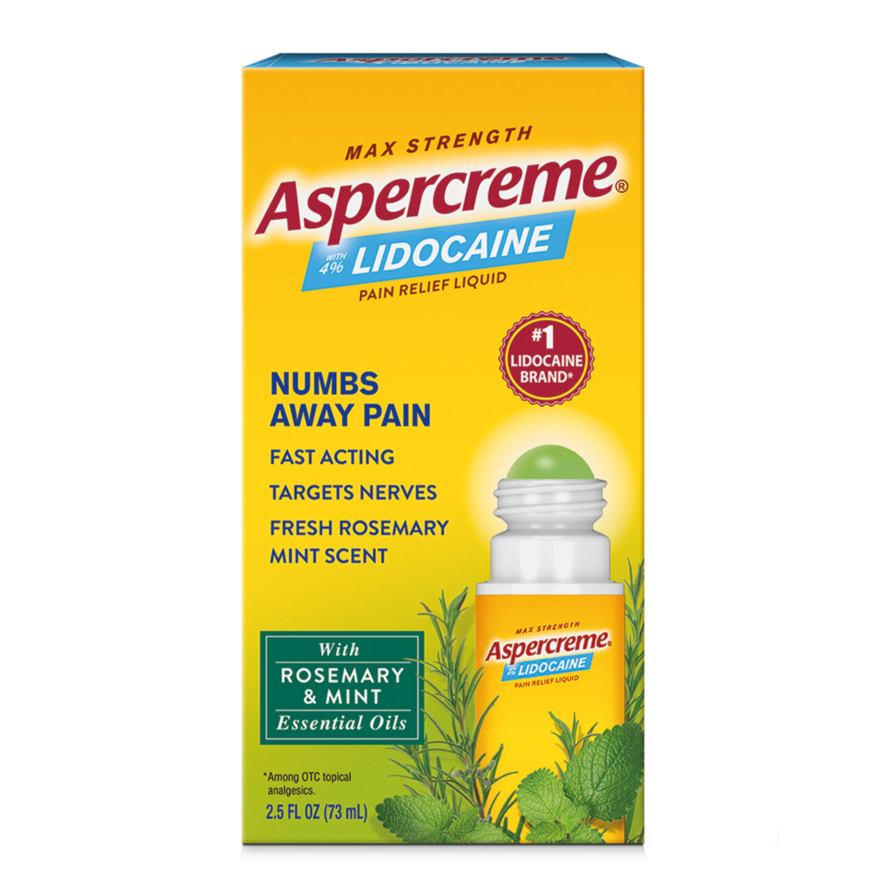 Aspercreme with 4% Lidocaine Pain Relief Liquid with Rosemary and Mint Essential Oils Roll-On
