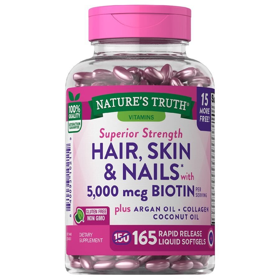 Nature's Truth Superior Strength Hair, Skin, & Nails With 5,000mcg Of Biotin Plus Argan Oil, Collagen, & Coconut Oil Rapid Release Liquid Softgels 165ct