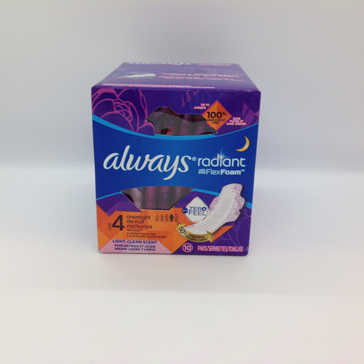 Always Radiant with Flex Foam Size 4 Overnight Light, Clean Scent Flexi-Wings Pads 10 ct