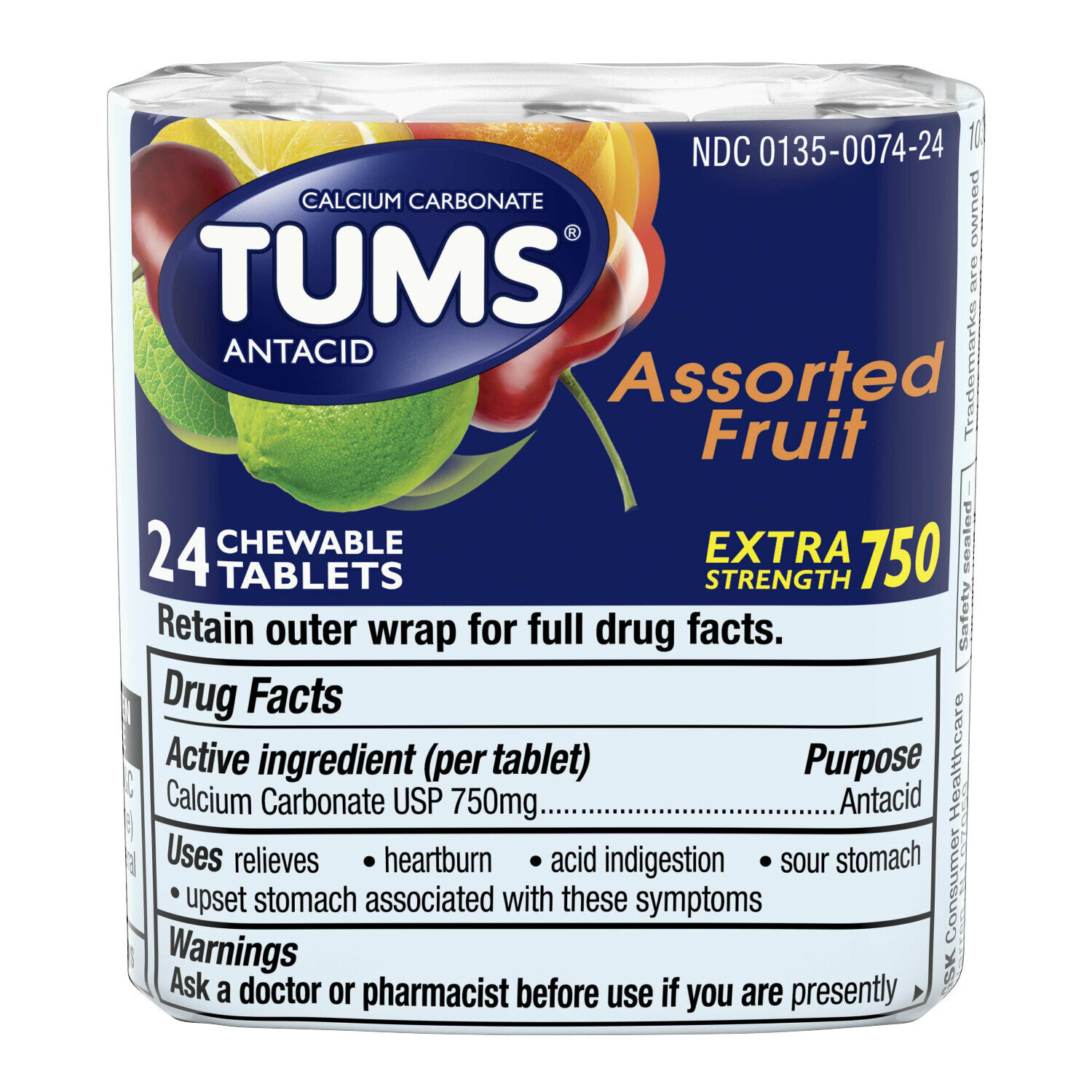 Tuns Antacid 3-Roll Extra Strength Chewable Tablets - Assorted Fruits 24ct