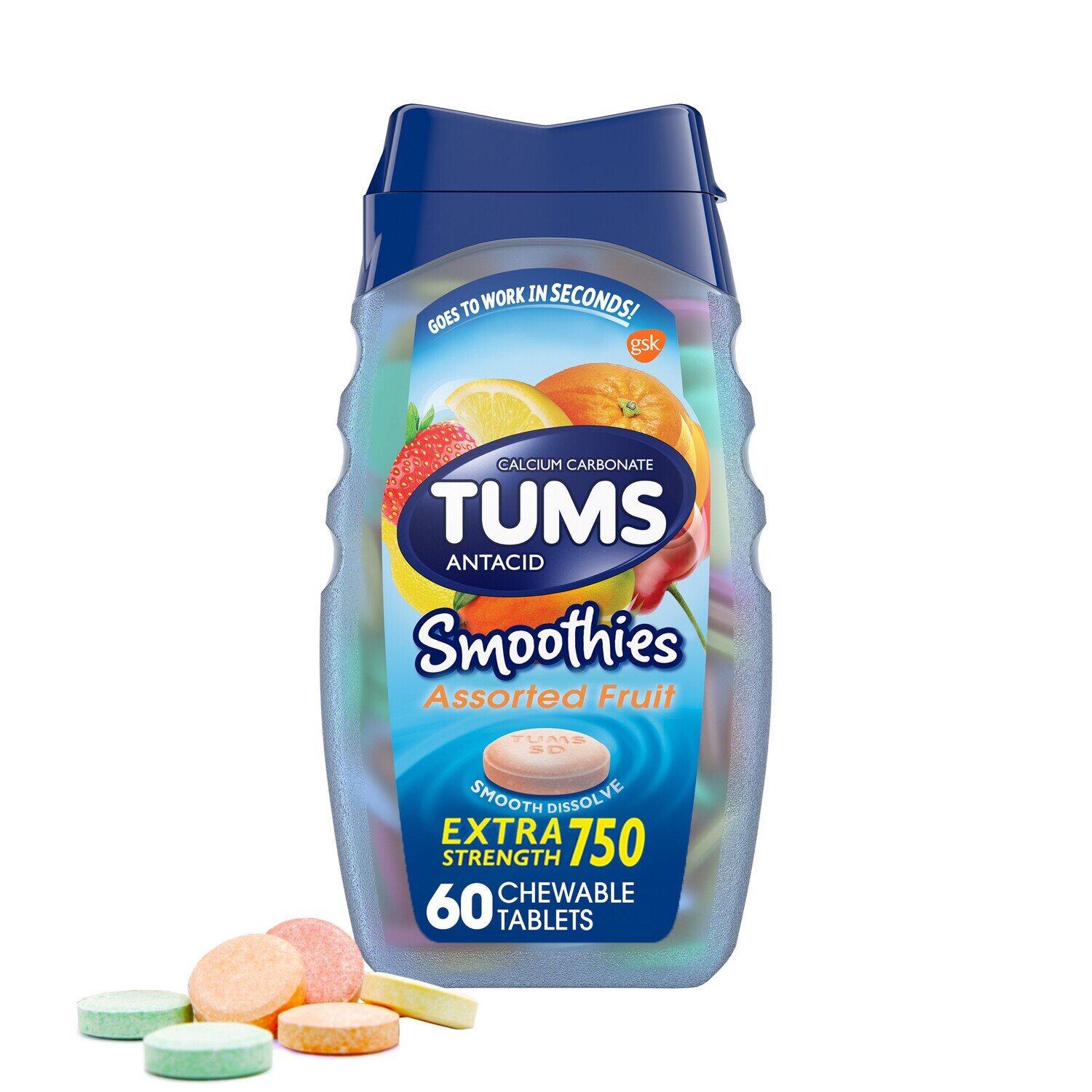 Tums Antacid Smoothies Extra Strength Tablets -assorted Fruit 60ct
