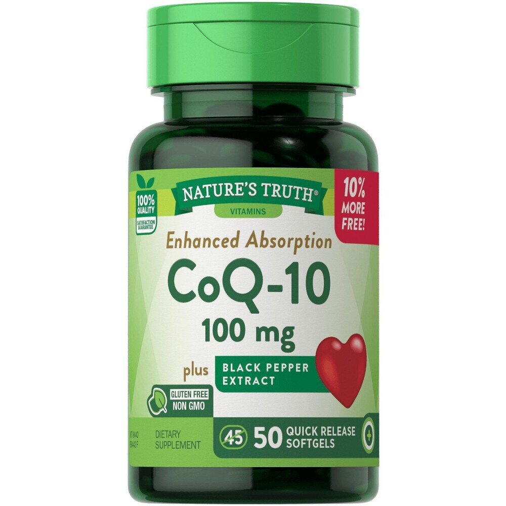 Nature's Truth Enhanced Absorption CoQ-10 100mg Plus Black Pepper Extract Quick Release Softgels 50ct