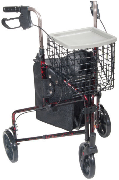 Drive Medical 3 Wheel Walker Rollator with Basket Tray and Pouch (Flame Red)