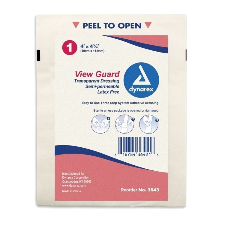 Dynarex View Guard Transparent Dressing - Semi-permeable - 4 inch X 4& 3/4 inch (10cm X 12cm) - Latex Free - Box of 50