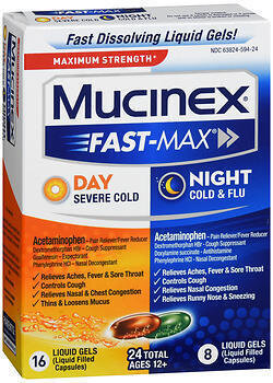 Mucinex Fast-Max Day & Night Cold & Flu 24 Liquid Gel CAPS Maximum Strength