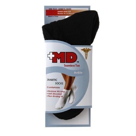Plus MD Diabetic Socks - ANKLE - Seamless Toe - Large - Black - 1 Pair